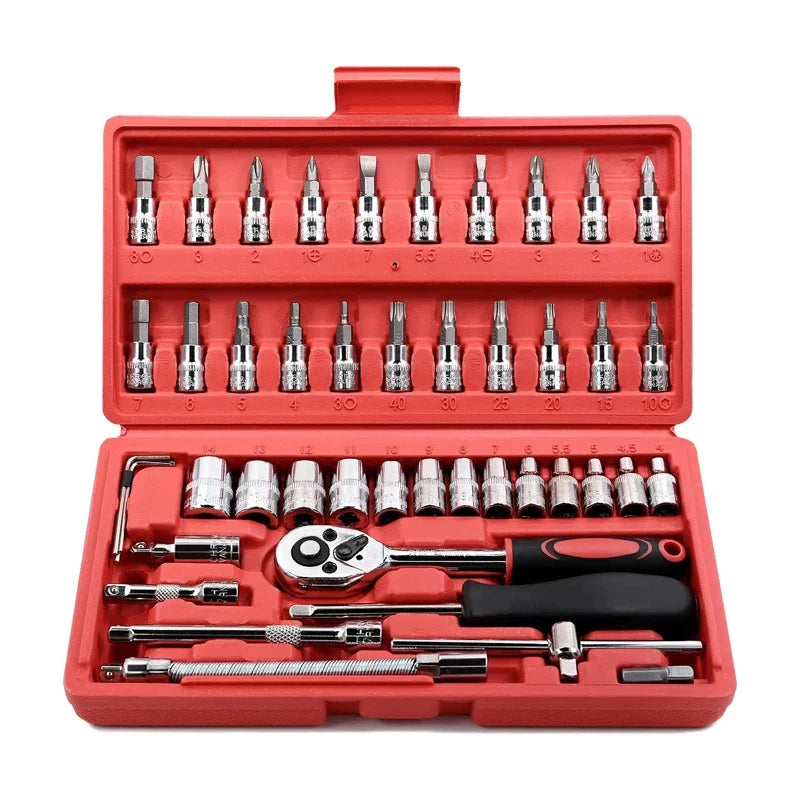 46pc Drive Socket Set 1/4 inch Ratchet Wrench Set with Sockets Metric Hex Bit Socket Set Mechanic Tool Kits for Hous Auto Repair